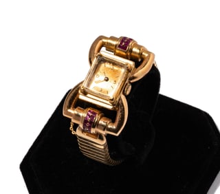 French Retro Era 18 Karat Yellow Gold and Ruby Watch