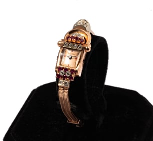 Bulova Retro Era 14 Karat Rose Gold, Diamond and Ruby Watch