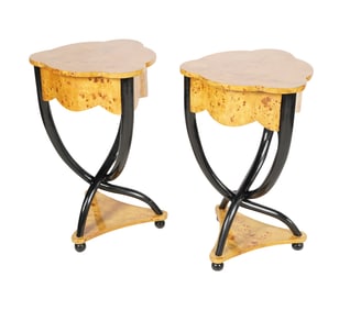 A Pair of Birch and Ebonized Triangular End Tables
