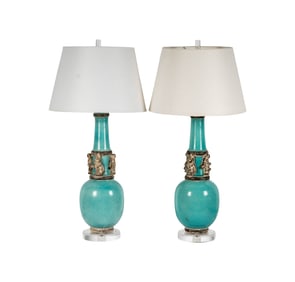 A Pair of Turquoise Crackleware Ceramic Lamps