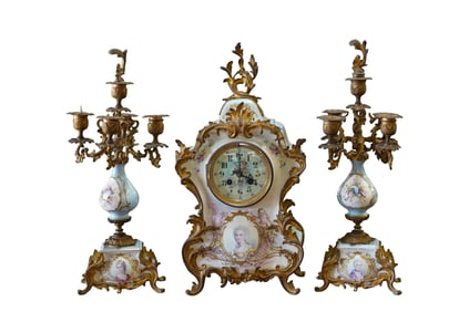 A Louis XV-Style Porcelain Three-Piece Clock Garniture