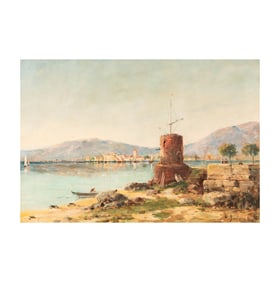 Gustave Mascart, France 1834-1914, Shoreline with Tower and Distant Village