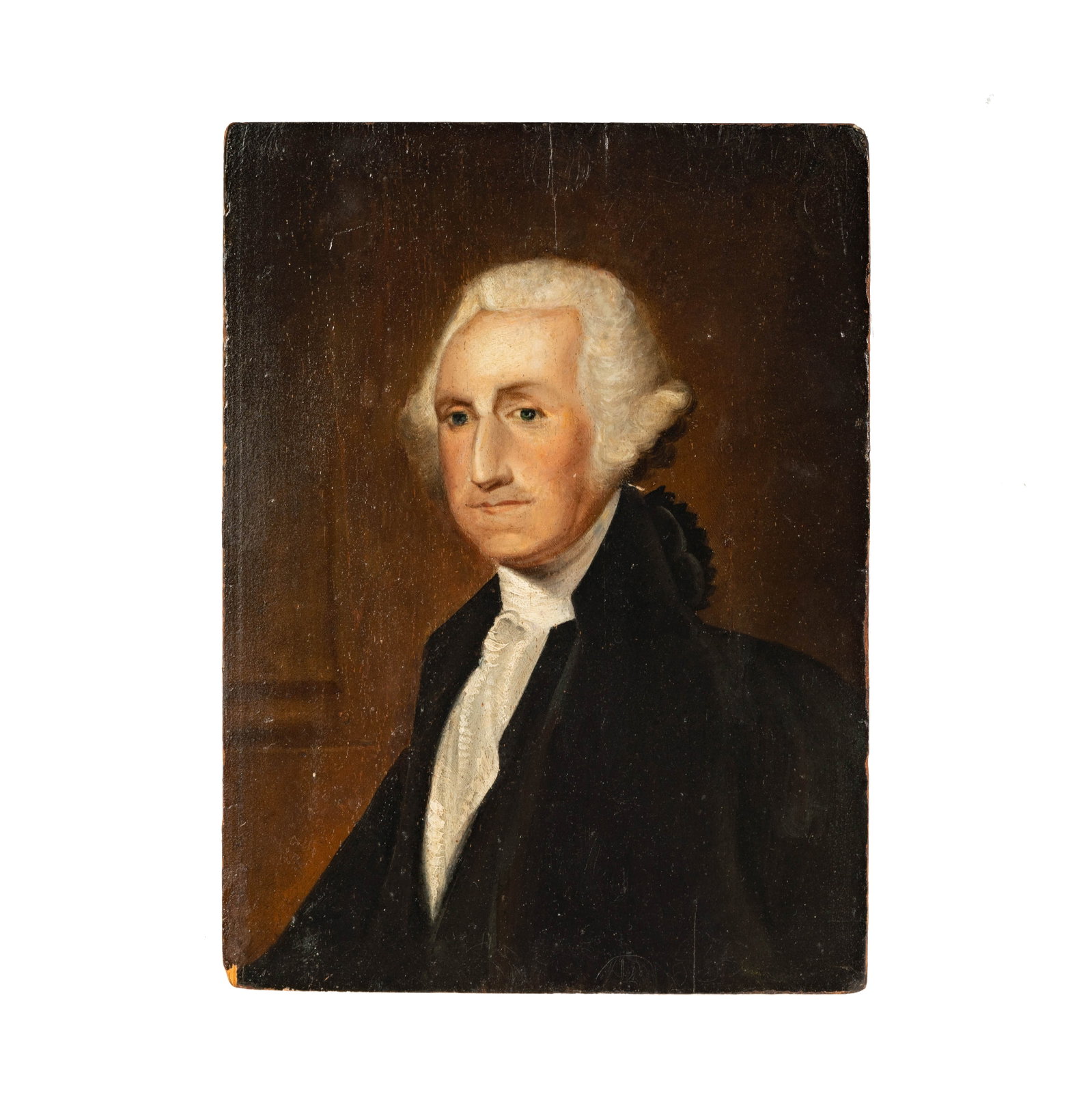 Artist Unknown: Portrait of George Washington: oil on wood panel; unsigned 13 1/2 x 10 in. (34.3 x 25.4 cm.)