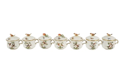 A Group of Seven Herend Rothschild Bird Porcelain Pot de Cremes