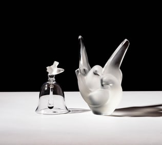 A Lalique Glass Bird Vase and Bell