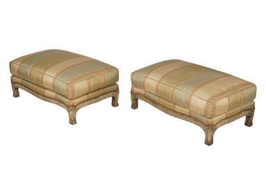 A Pair of Louis XV-Style Silver-Painted Silk-Upholstered Ottomans