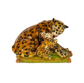 A Large Painted Ceramic Leopard and Cub Figural Group