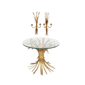 An Italian Mid-Century Gilt Metal and Glass Cocktail Table and Matching Sconces