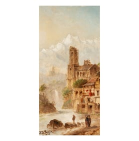 Felice A. Rezia, 1835-1907, Town Scene with Waterfall and Figures