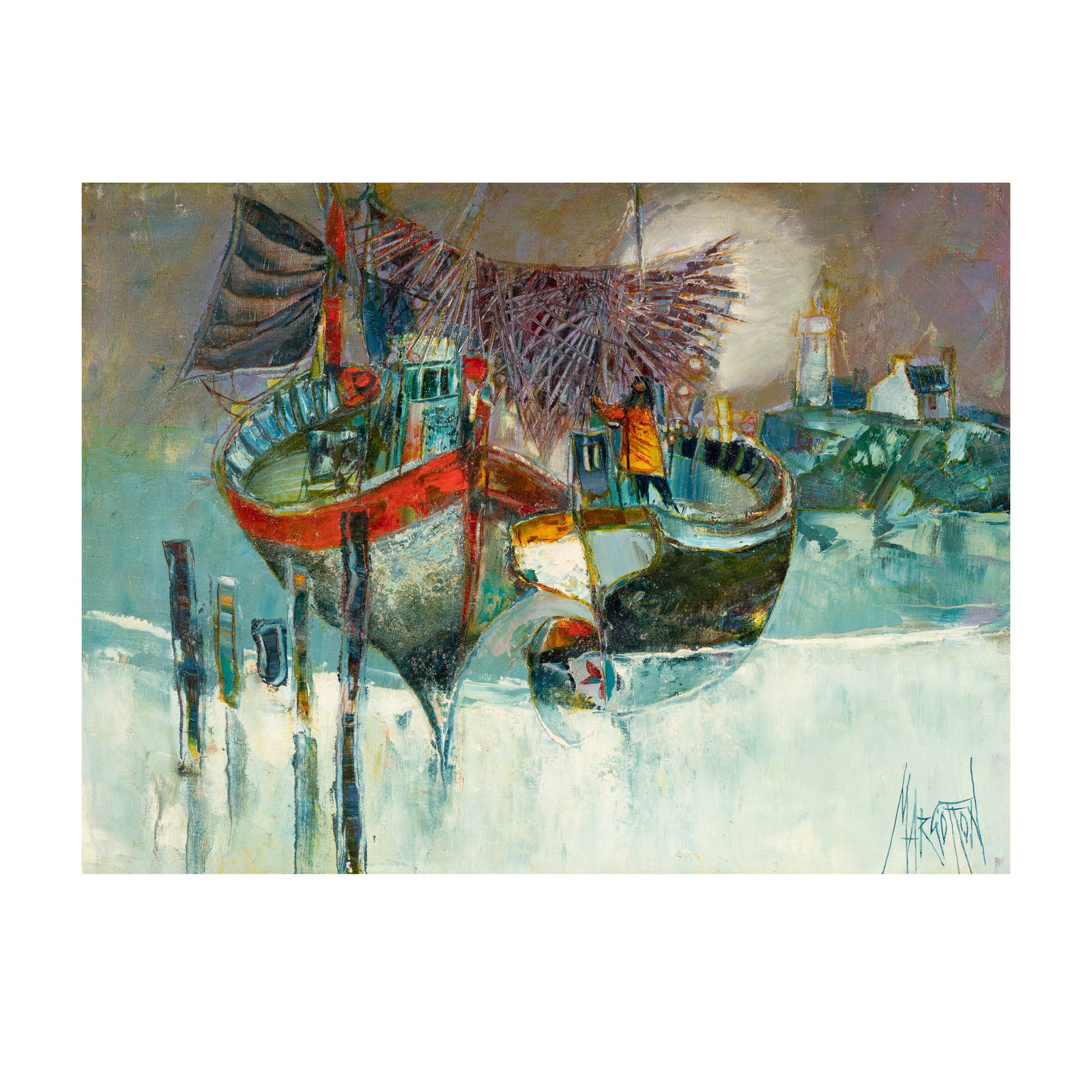 Rene Margotton, French 1915-2009, Pecheur a l'astre de Nuit: Rene Margotton French 1915-2009 Pecheur a l'astre de Nuit oil on canvas signed lower right, titled verso 18 x 24 in. (45.7 x 61 cm.)