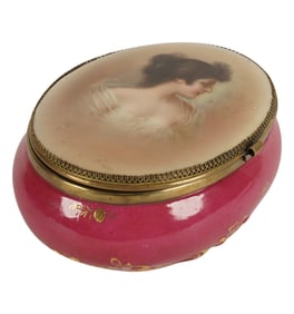 A Volkstedt Cranberry Red Porcelain Trinket Box with Portrait Plaque