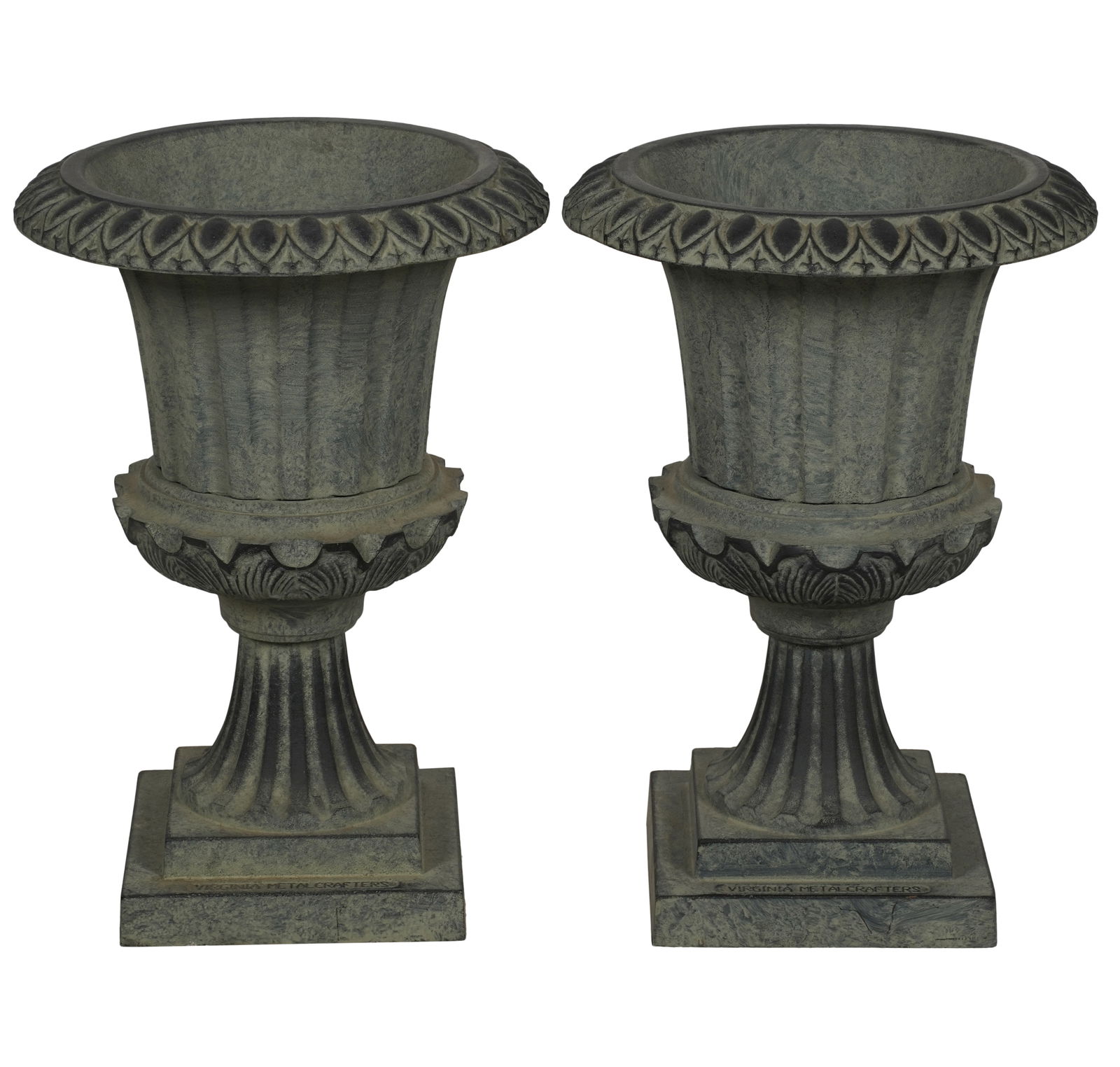 A Pair of Virginia Metalcrafters Patinated Iron Urn-Form Planters