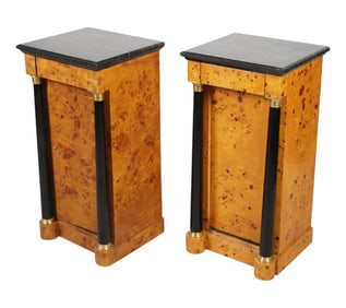 A Pair of Marble-Top Birch Bedside Cabinets