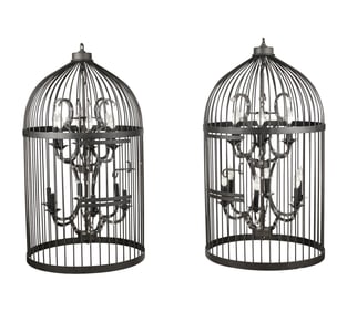A Pair of Metal Birdcage-Form Ceiling Light Fixtures