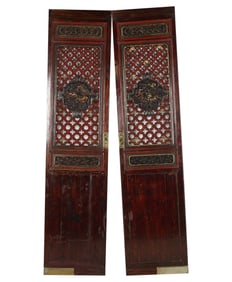 A Pair of Asian Red Lacquer and Gilt Door Panels