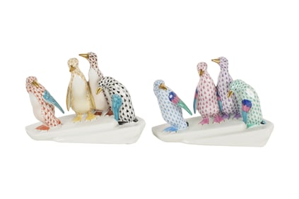Two Herend Fishnet Porcelain Penguin Groups