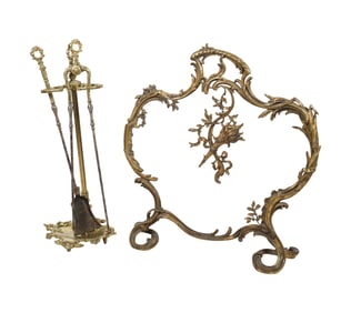 A Rococo-Style Brass Firescreen and Tools