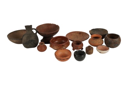 A Collection of Primitive Pottery Bowls and Vessels