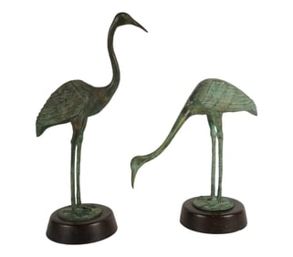 A Pair of Patinated Bronze Crane Sculptures