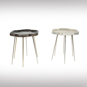 Two Goatskin Parchment Veneer and Brass Side Tables