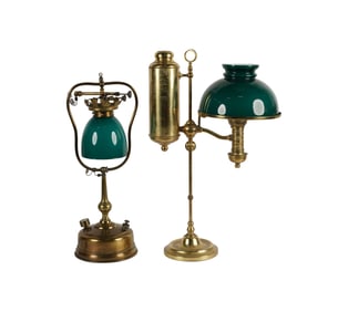 Two Brass and Green Glass Oil Lamps
