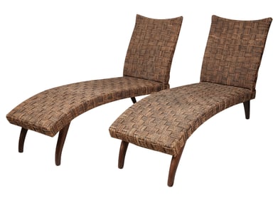A Pair of Woven Rope and Stained Wood Chaise Lounges