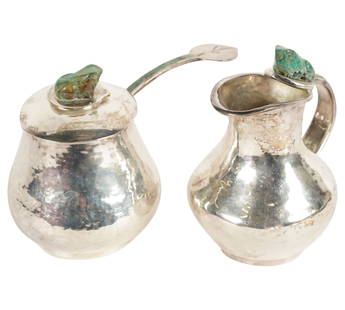 A Los Castillo Silverplate Sugar and Creamer Set With Ladle: Taxco, Mexico; the sugar and creamer each mounted with a green hardstone frog, the creamer and ladle each with green stone-inlaid handle; each piece marked "Los Castillo", the creamer and sugar also m