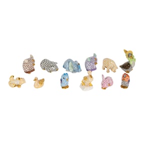 Twelve Herend Fishnet Porcelain Miniatures Animal FIgures