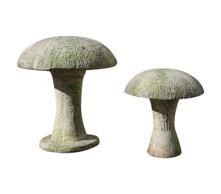 Two Painted Cast Stone Garden Mushrooms