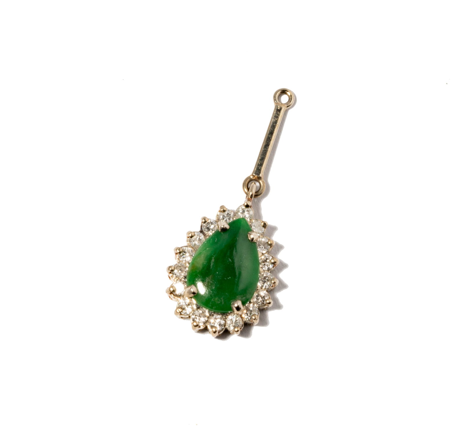 14 Karat White Gold, Jade and Diamond Pendant: set with one pear cabochon jade measuring 10.36x7.35mm and accented with 17 small round diamonds[I-J/I3] weighing approximately .40 carats; measuring 27.60mm tall including the bale, weighing 2 grams;
