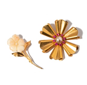 Two Gold Floral Brooches
