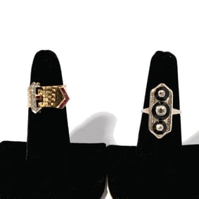 Two 14 Karat Gold, Onyx and Diamond Ring and Diamond and Ruby Belt Ring