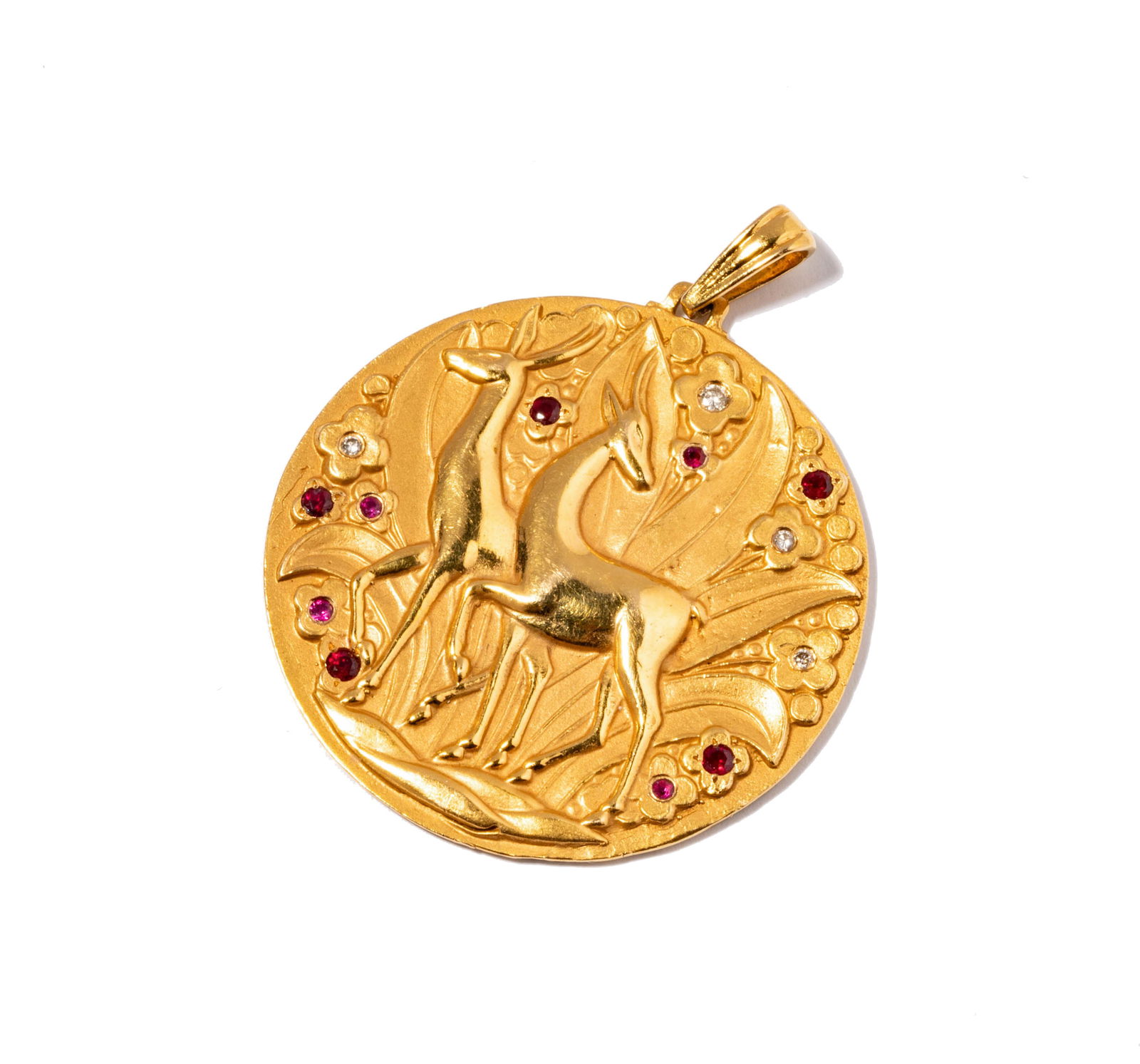 18 Karat Yellow Gold, Diamond and Ruby Deer Pendant (1 of 4)