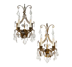 A Pair of Gilt Metal and Glass Twin-Light Sconces