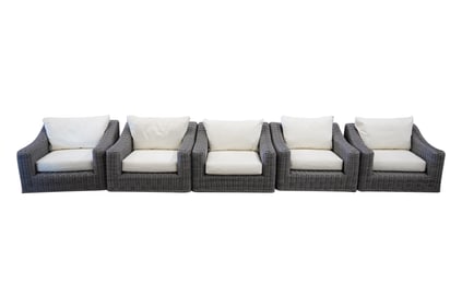A Set of Five Grey-Painted Wicker Patio Lounge Chairs