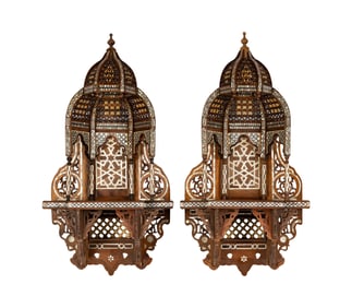 A Pair of Moorish-Style Shell-Inlaid Wood Shelf Brackets