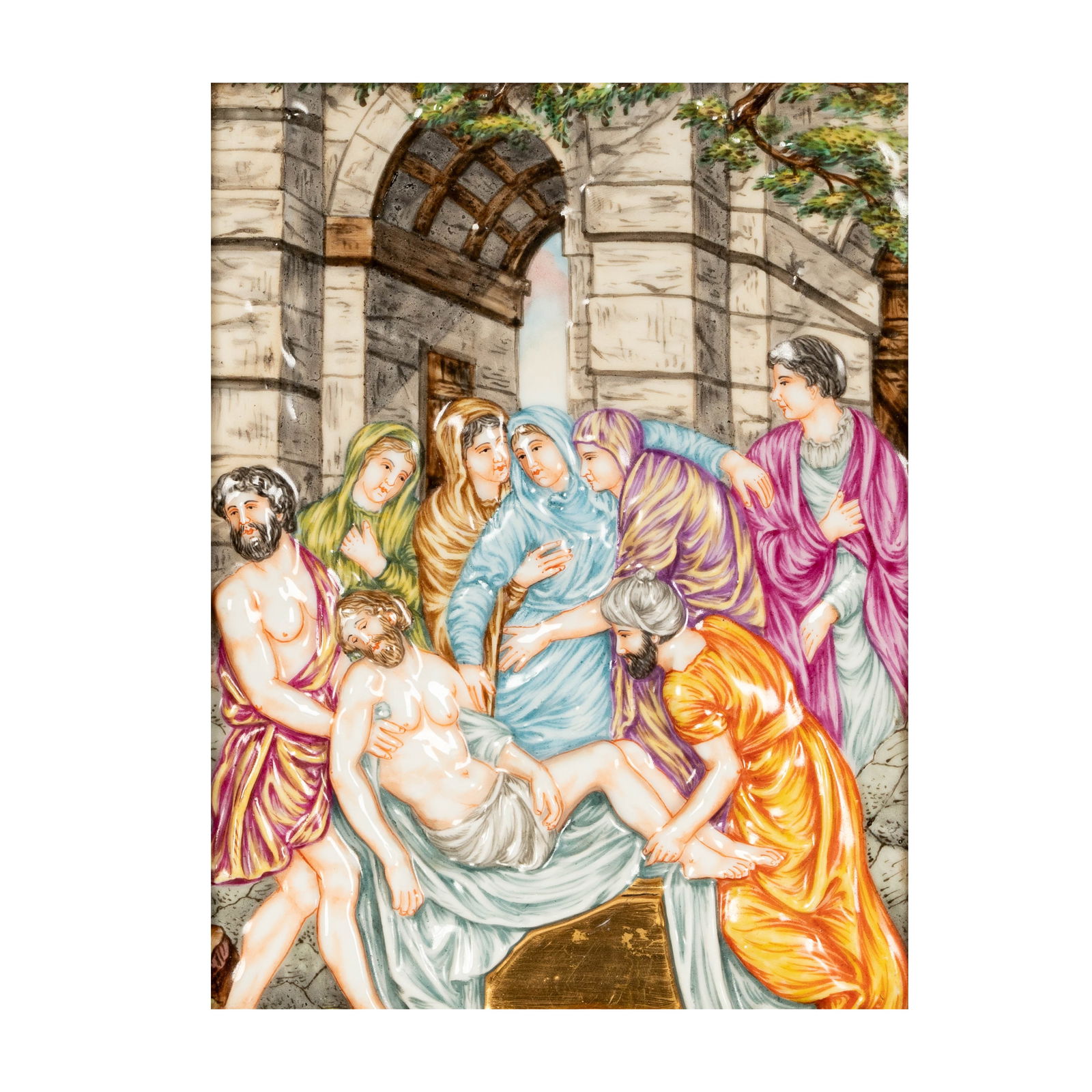 A Framed Capodimonte Porcelain Plaque: depicting Jesus; blue crowned "N" mark verso 8 1/4 x 6 1/2 in. (21 x 16.5 cm.), Frame: 11 3/4 x 10 in. (29.8 x 25.4 cm.)