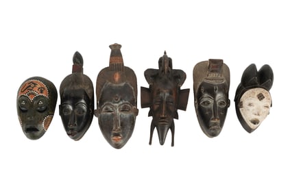 Six Carved Wood Tribal Masks