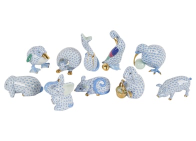 Ten Herend Blue Fishnet Porcelain Animal Figurines