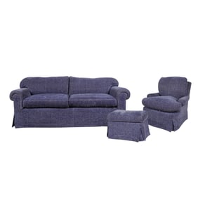 A Designer Down Filled Blue Upholstered Sofa, Club Chair and Ottoman