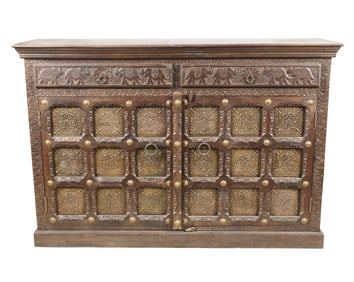 An Indian Brass-Mounted Carved Wood Cabinet