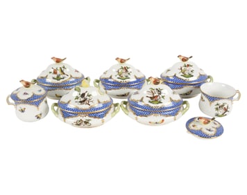 A Group of Herend Rothschild Bird Porcelain Pot de Cremes and Tureens