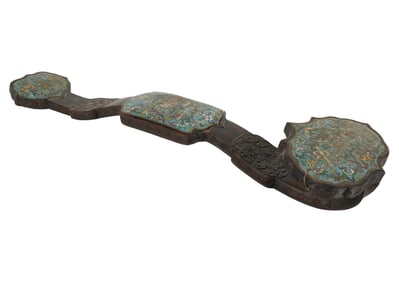 A Chinese Cloisonne and Carved Wood Ruyi Scepter