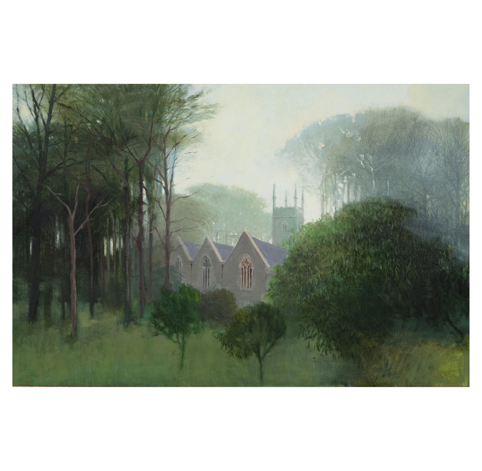John Miller, British, 1931 - 2002, Church in Landscape: John Miller British 1931 - 2002 Church in Landscape oil on canvas 1976; signed and dated lower right "J.L. Miller 76" 24 x 36 in. (61 x 91.4 cm.), Frame: 27 x 39 in. (68.6 x 99.1 cm.) Notes: This item