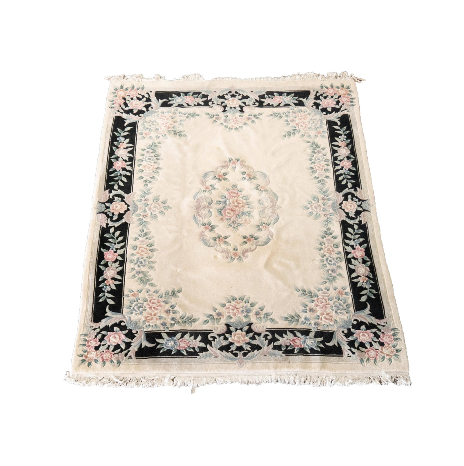 A Floral Rug 9'1" x 11'11": wool on cotton; with black border 9' 1" x 11' 11" Notes: This item does not qualify for in-house shipping. Please see our preferred shippers list for quotes or arrange for local pickup. https://www.ab