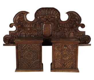 A Pair of Spanish Baroque-Style Carved Headboard and Nightstands