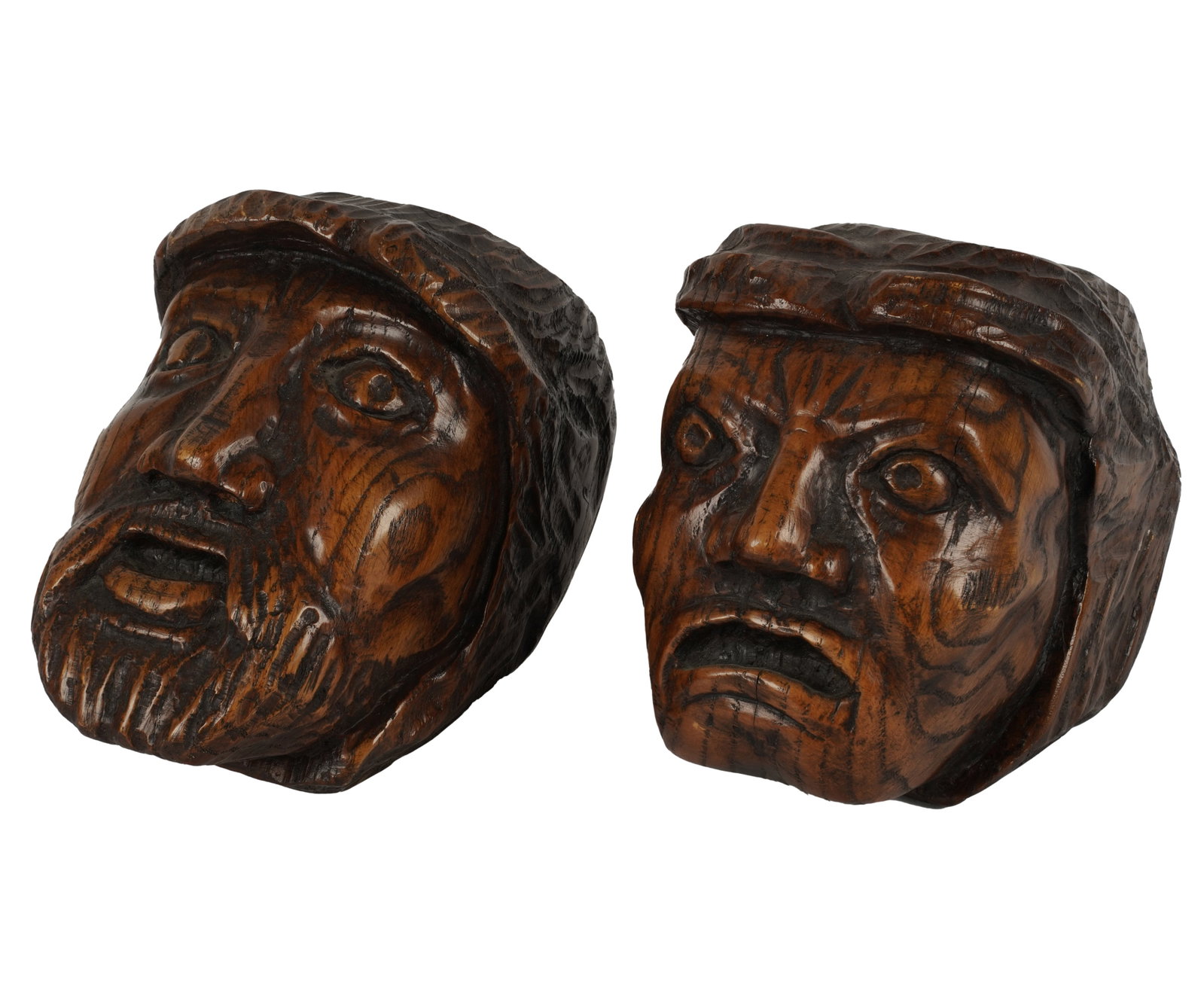 Two Vintage Carved Wood Heads: Each: 7 x 5 x 5 1/2 in. (17.8 x 12.7 x 14 cm.)
