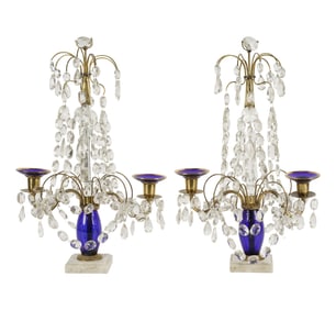 A Pair of Gilt-Metal and Cobalt Glass Twin-Light Girandoles