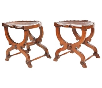 A Pair of Victorian Carved Oak Horsehoe-Shaped Stools