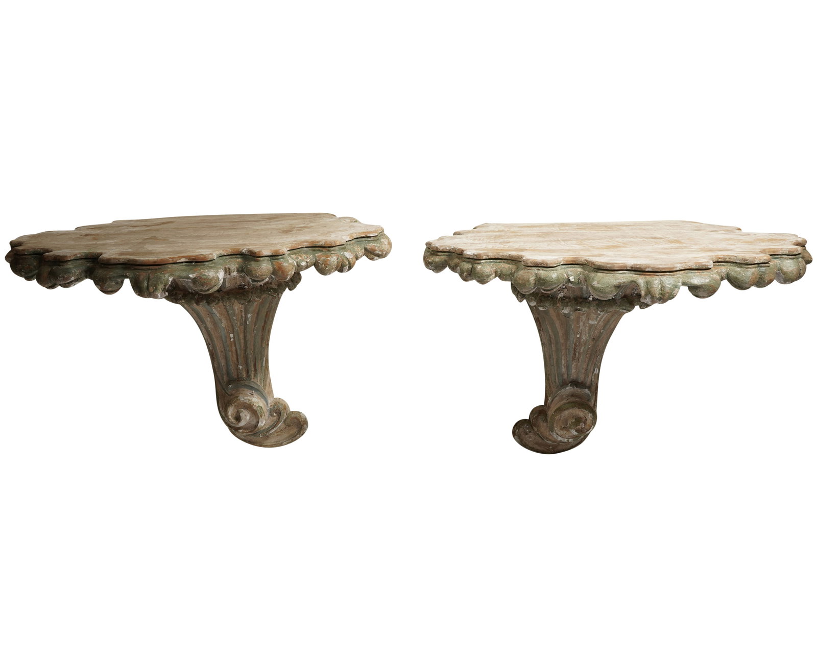 A Pair of Italian Rococo-Style Wall-Mounted Console Tables: with distressed green-painted finish, the tops unfinished 32 x 41 x 34 1/2 in. (81.3 x 104.1 x 87.6 cm.) Notes: This item does not qualify for in-house shipping. Please see our preferred shippers list